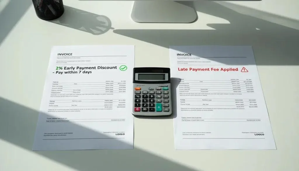 Green early payment discount vs red late fee on invoices - modern invoicing for UK small business strategy