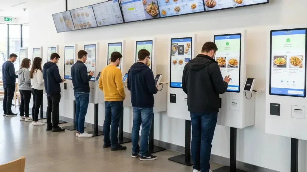 Multiple self-service kiosks serving customers simultaneously in busy UK quick-service restaurant