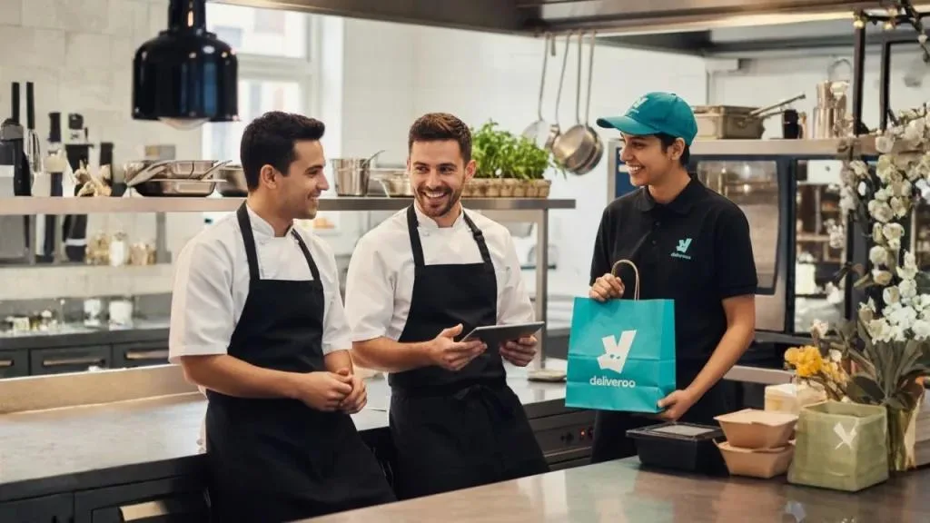 Restaurant staff interacting with deliveroo delivery girl about the deliveroo integration on Kayana platform