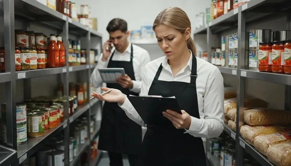 Two employees in a storage room appearing stressed and confused while performing an inventory check. The woman in the foreground holds a clipboard and gestures toward shelves of food with a frustrated expression, while the man in the background is on a phone call while looking at a tablet.