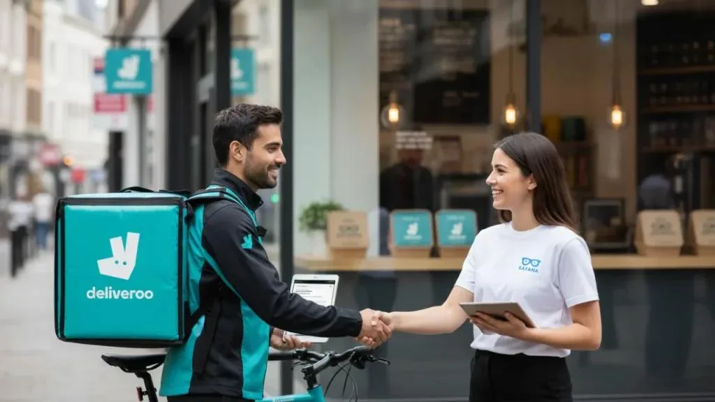 Deliveroo delivery boy and Kayana staff indicating their deliveroo integration success