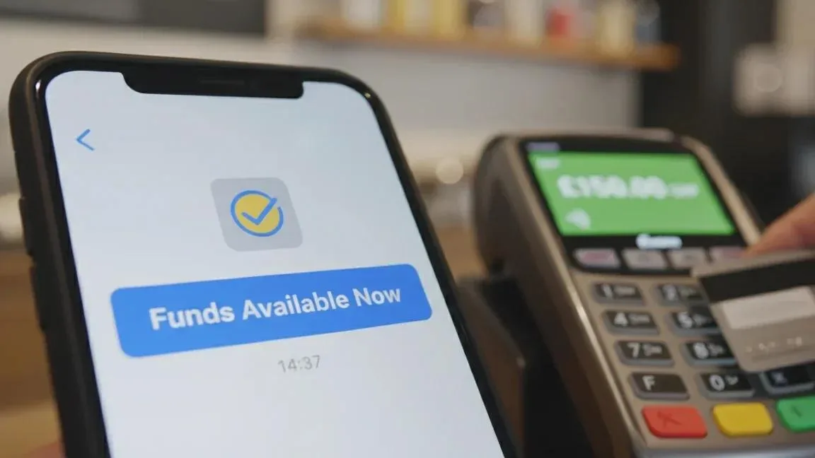 Smartphone showing instant payouts funds available notification with real-time settlement confirmation