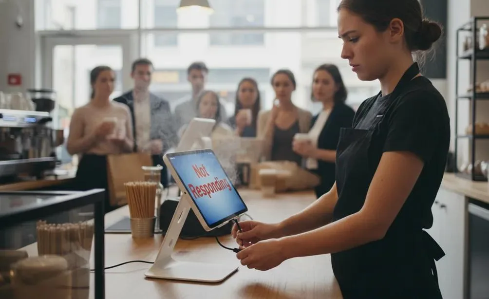 A stressed barista at a cafe counter attempts to fix a smoking tablet register that displays a "Not Responding" error message, illustrating hardware fragility as one of the major EPOS limitations. In the background, a blurred line of customers waits with concerned expressions.