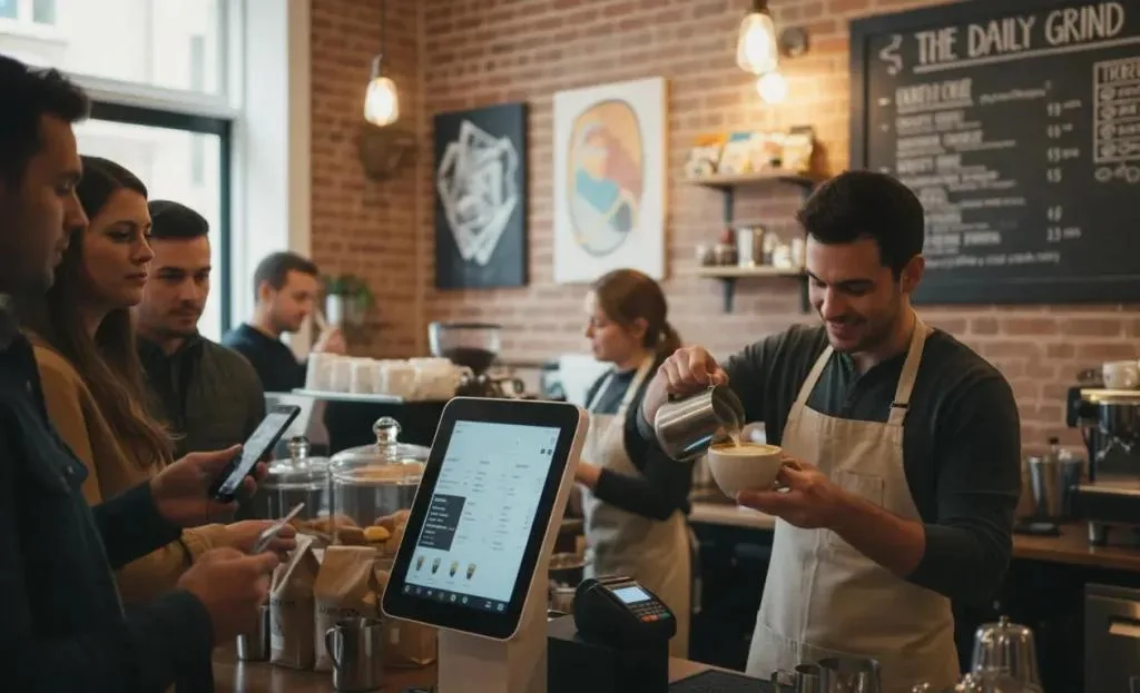 UK barista crafting coffee while self-service kiosk handles orders in background