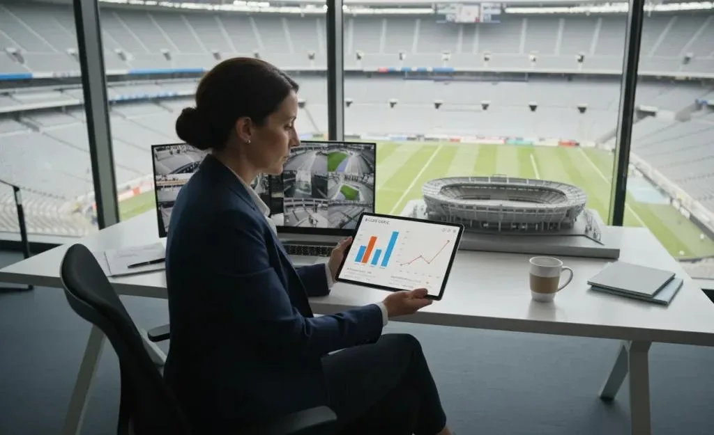 Stadium operations manager reviewing performance dashboards inside a football stadium, analysing revenue and efficiency metrics