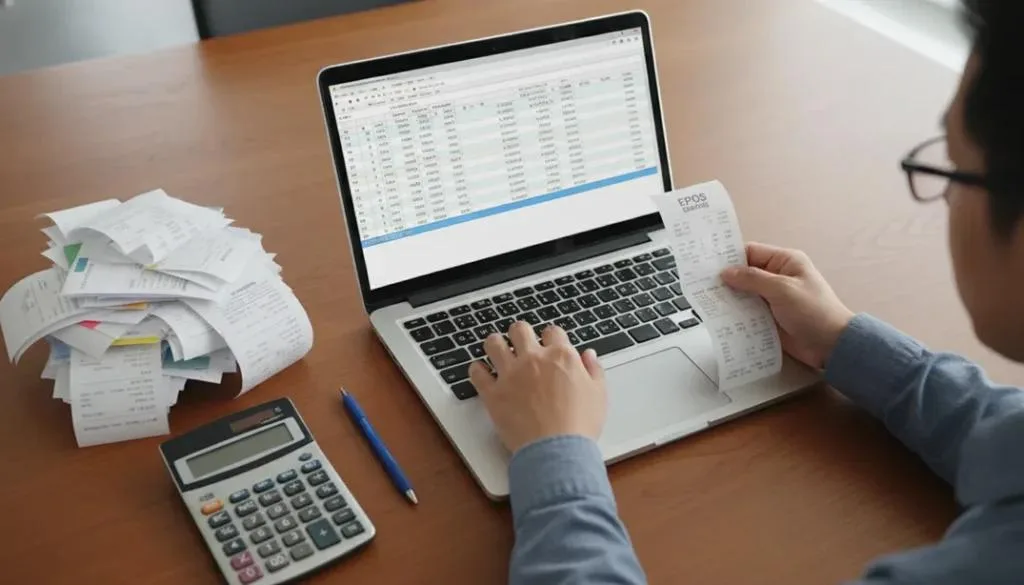 Business owner reviewing EPOS reports on laptop while holding printed receipt, illustrating EPOS Limitations caused by integration silos and manual reconciliation with paper records and calculator.