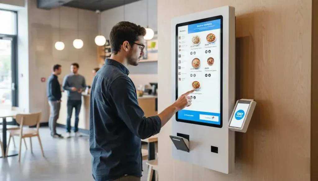 Un cliente usando un kiosco de autoservicio en una cafetería local en Reino Unido