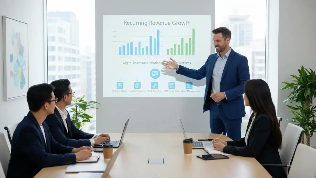 A Hospitality Technology Resellers representative in a blue suit gestures toward a projected slide showing a recurring revenue growth chart and digital restaurant solutions diagram during a boardroom meeting.