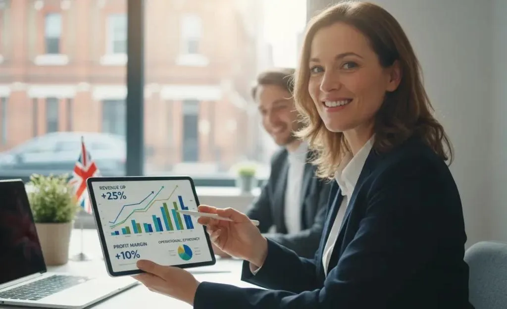 UK business owner reviewing positive financial dashboard showing increased revenue from self-service implementation