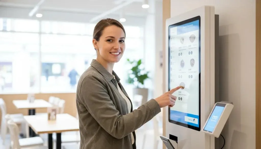 La IA está transformando la hospitalidad mientras un cliente utiliza un quiosco de autoservicio en un restaurante de comida rápida casual. Un mensaje de venta adicional es visible en la pantalla, con una cola desenfocada de fondo, mostrando mayor eficiencia.