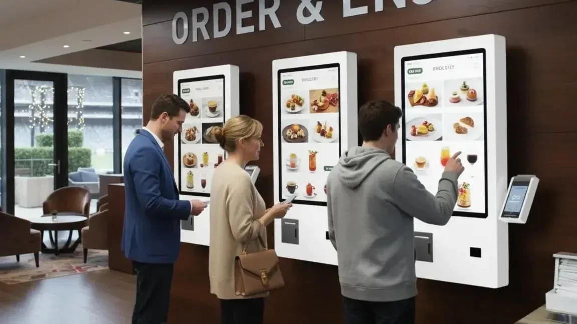Three customers using wall-mounted self-service ordering kiosks displaying food and beverage menus at a modern restaurant or venue.