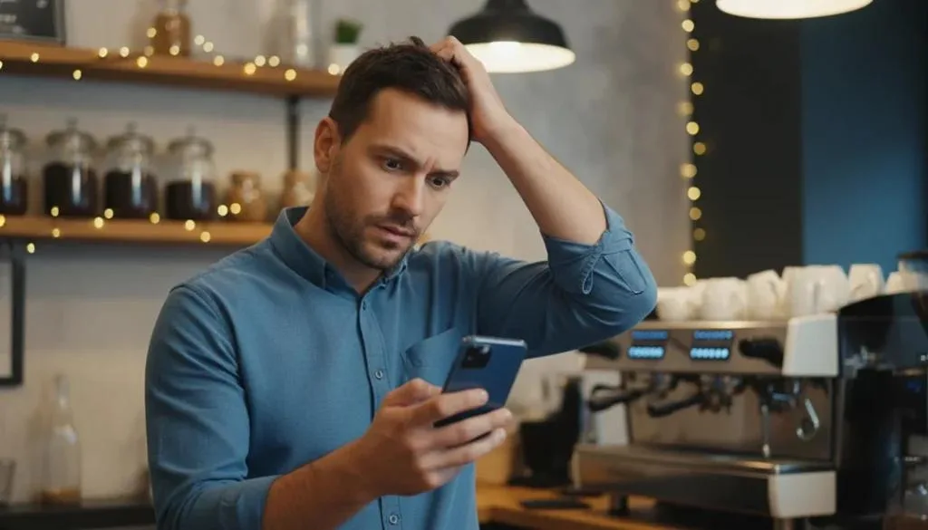 Business owner worried looking at his phone suggesting business problems
