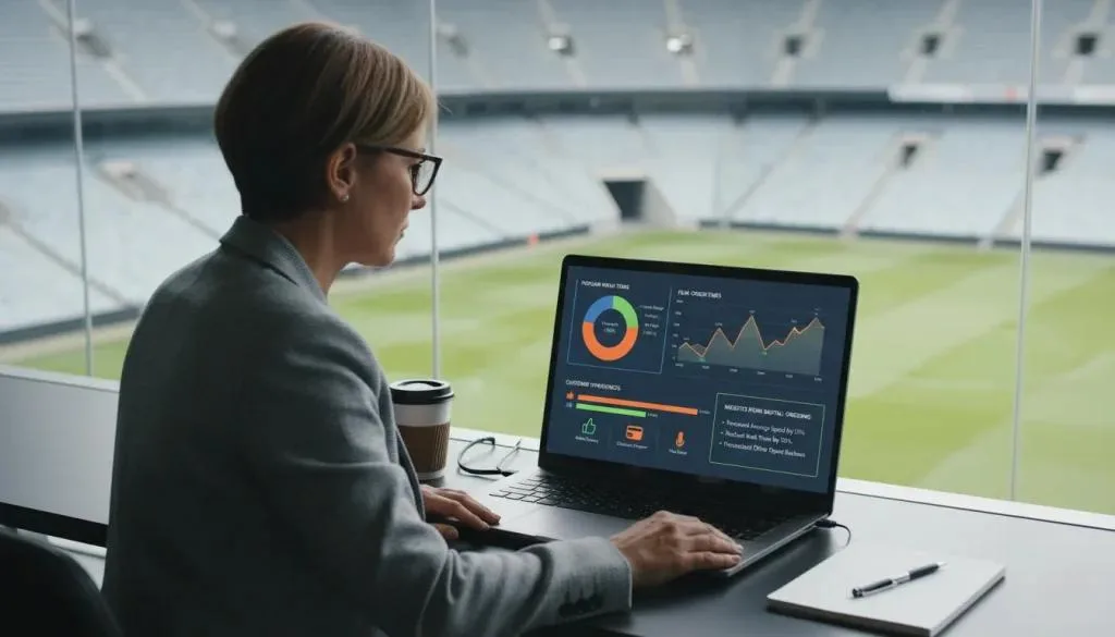 Stadium manager working on a laptop overlooking a football pitch, monitoring operational data and fan experience insights.