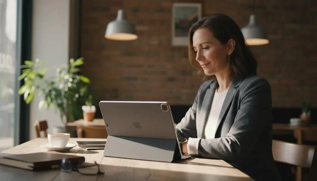 Gerente de restaurante usando un chatbot de IA en una laptop en una mesa de café, preguntando sobre ventas o personal, vista por encima del hombro con luz natural cálida.