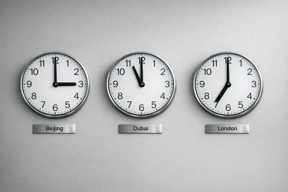 Clocks on wall indicating kayana new office in china