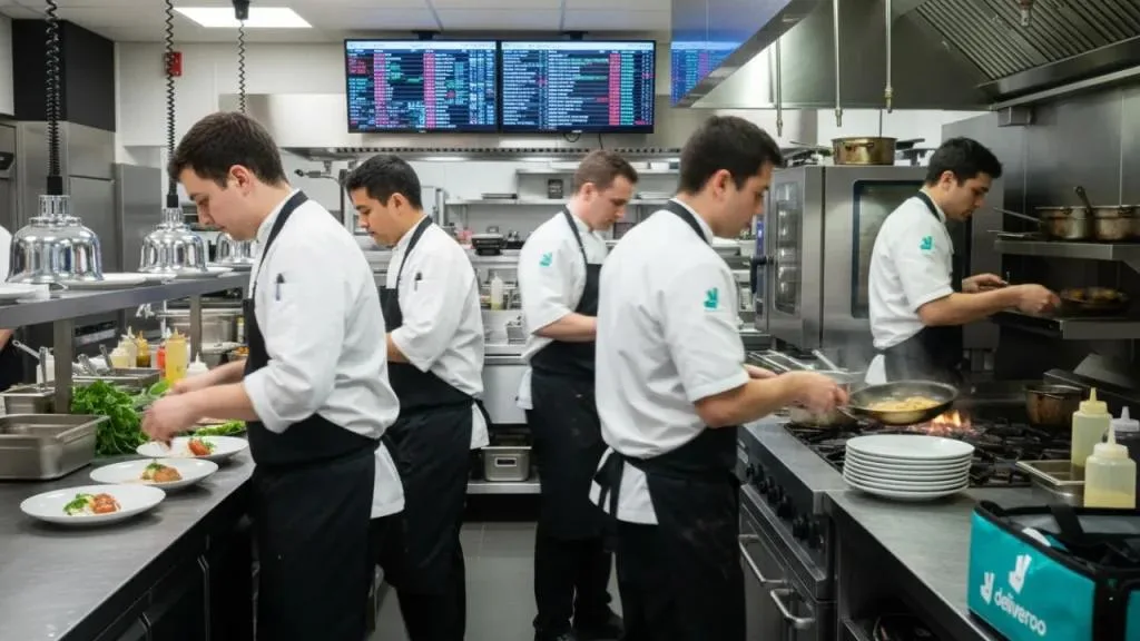 Restaurant workers working along as per the order received on KDS post deliveroo integration