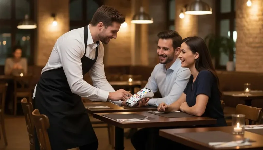 La IA está transformando la hospitalidad mientras un camarero procesa un pago sin contacto en un dispositivo POS portátil en una mesa de restaurante, con confirmación visible en pantalla.