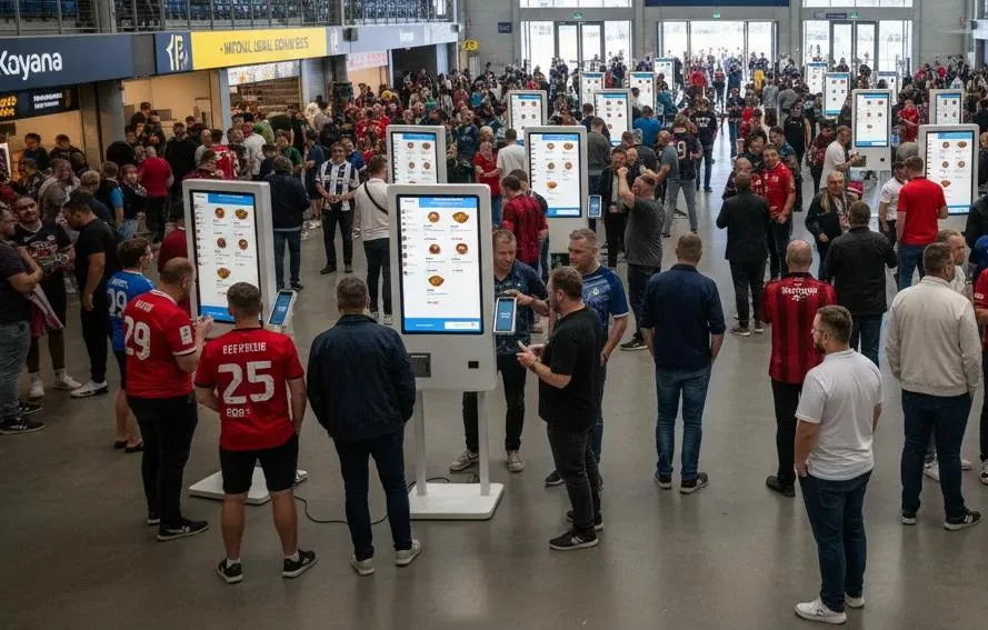 Crowds of football fans using multiple self service kiosk stations in a UK football stadium concourse, showcasing scalable technology in action.