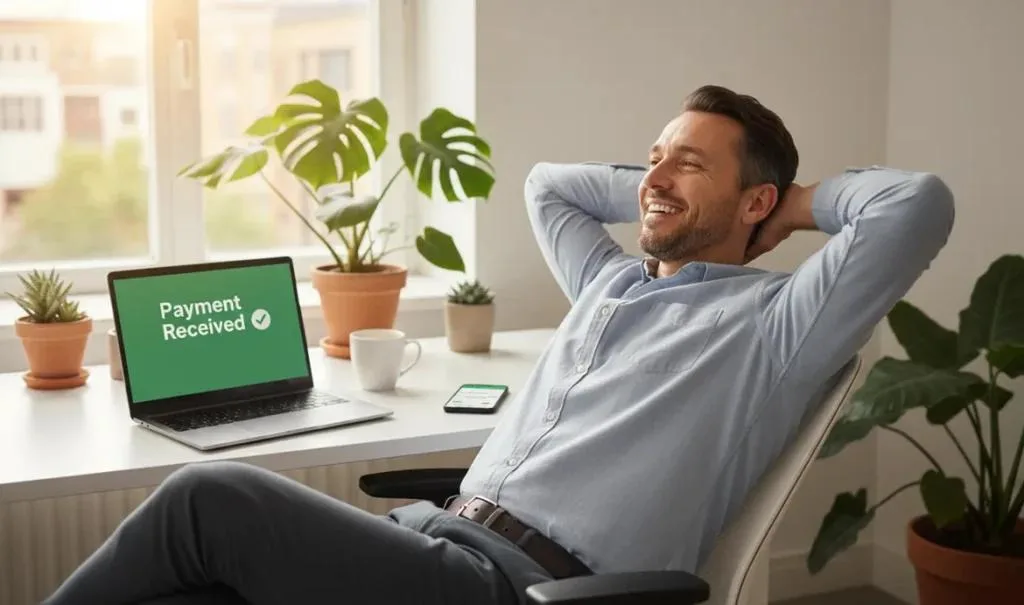 Relieved small business owner celebrating successful payment received