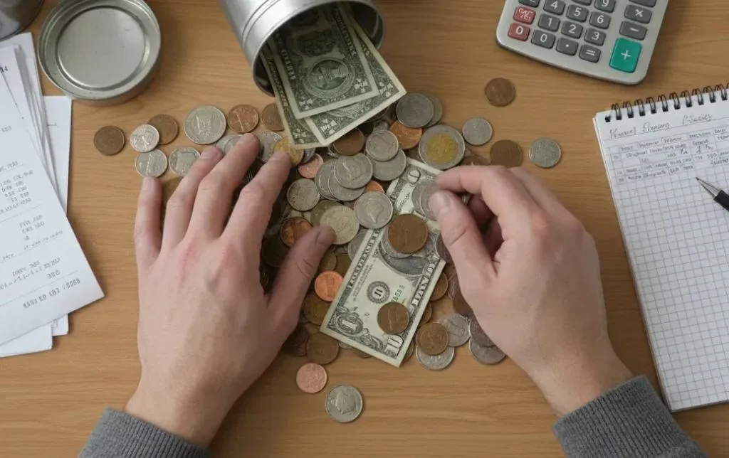 Las manos de un trabajador benéfico contando monedas sueltas de una lata de recolección con una calculadora y un bloc de notas que muestran el proceso de reconciliación manual