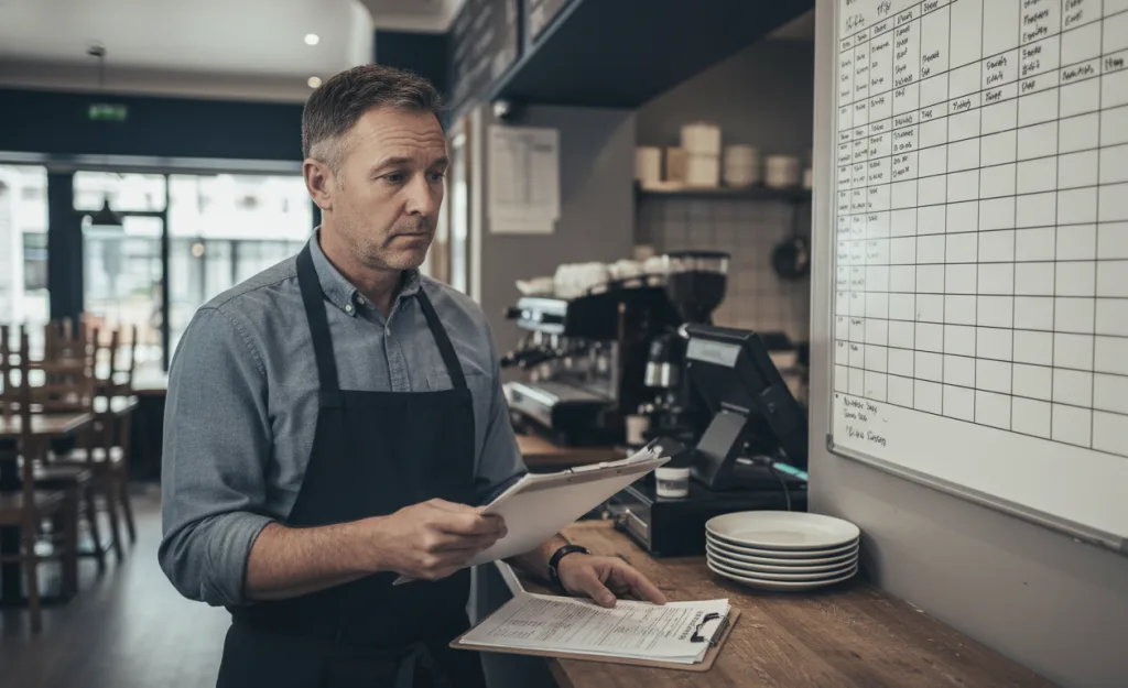UK restaurant manager reviewing staff rota with empty shifts highlighting UK Labour Shortages in hospitality