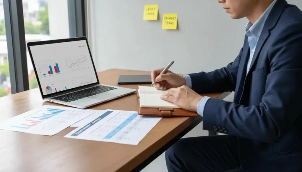 Business owner reviewing payment analytics and credit control data