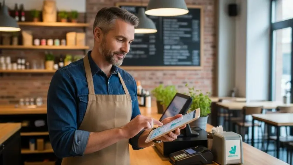 Restaurant owner checking tablet and visiting Kayana Partner Admin and initiating deliveroo integration on their EPOS and other systems.
