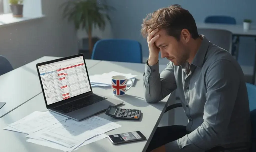 UK small business owner stressed about late payments and unpaid invoices on laptop