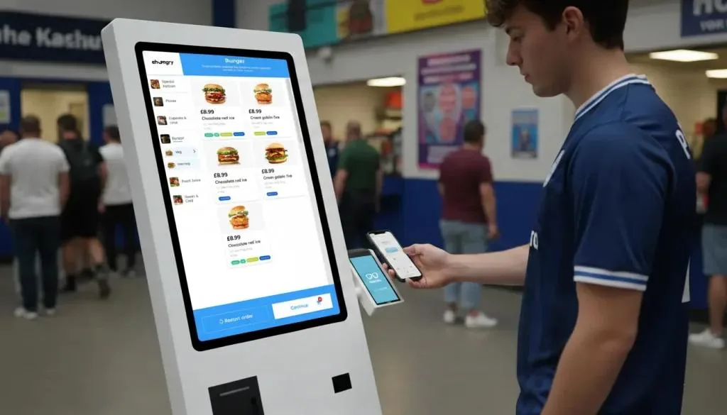 Football fan using a self service kiosk to order food and drinks inside a stadium concourse.