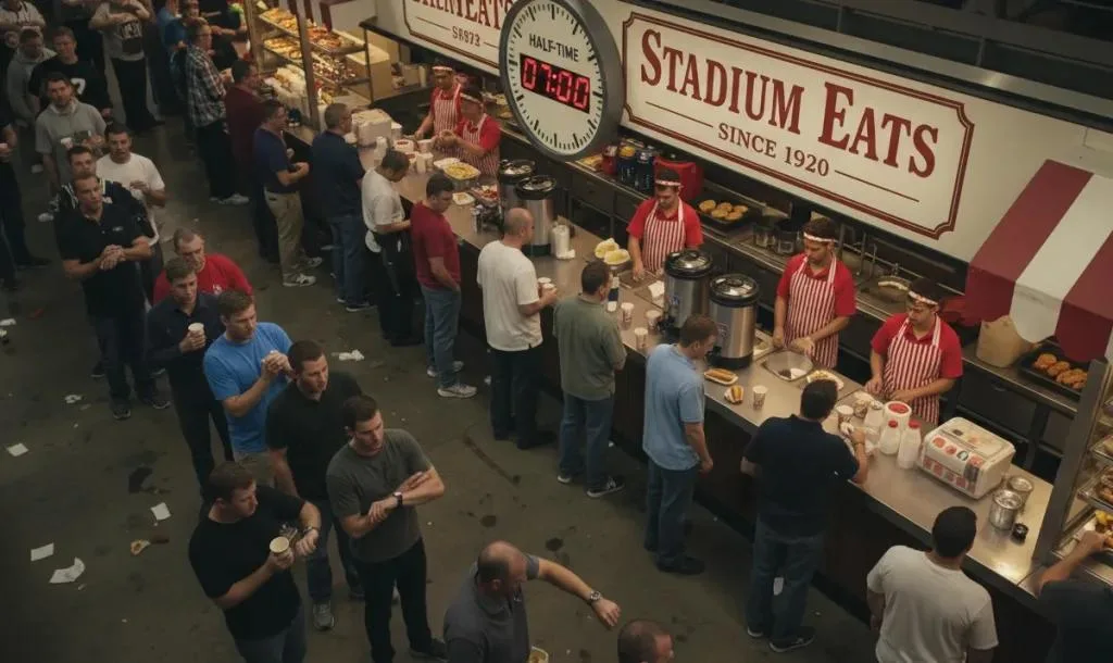 Long concession queues at a football stadium during halftime, highlighting revenue loss challenges.