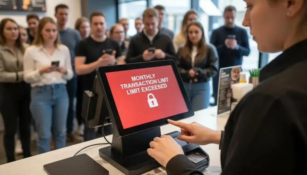 Restaurant EPOS screen displaying “Monthly Transaction Limit Exceeded” warning, highlighting EPOS Limitations as customers wait in line at the counter.