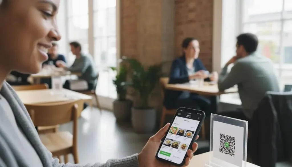 Woman dining at restaurant with QR code ordering convenience startups can use Kayana to match big brands