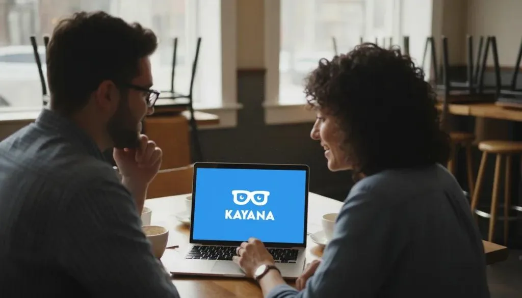 Un propietario de restaurante y un consultor de tecnología sentados uno al lado del otro en una mesa en un restaurante cerrado, ambos mirando la pantalla de una computadora portátil que muestra una interfaz moderna de incorporación o configuración de POS. Lenguaje corporal relajado y colaborativo, luz de ventana durante el día, ángulo espontáneo sobre el hombro que muestra la pantalla claramente.