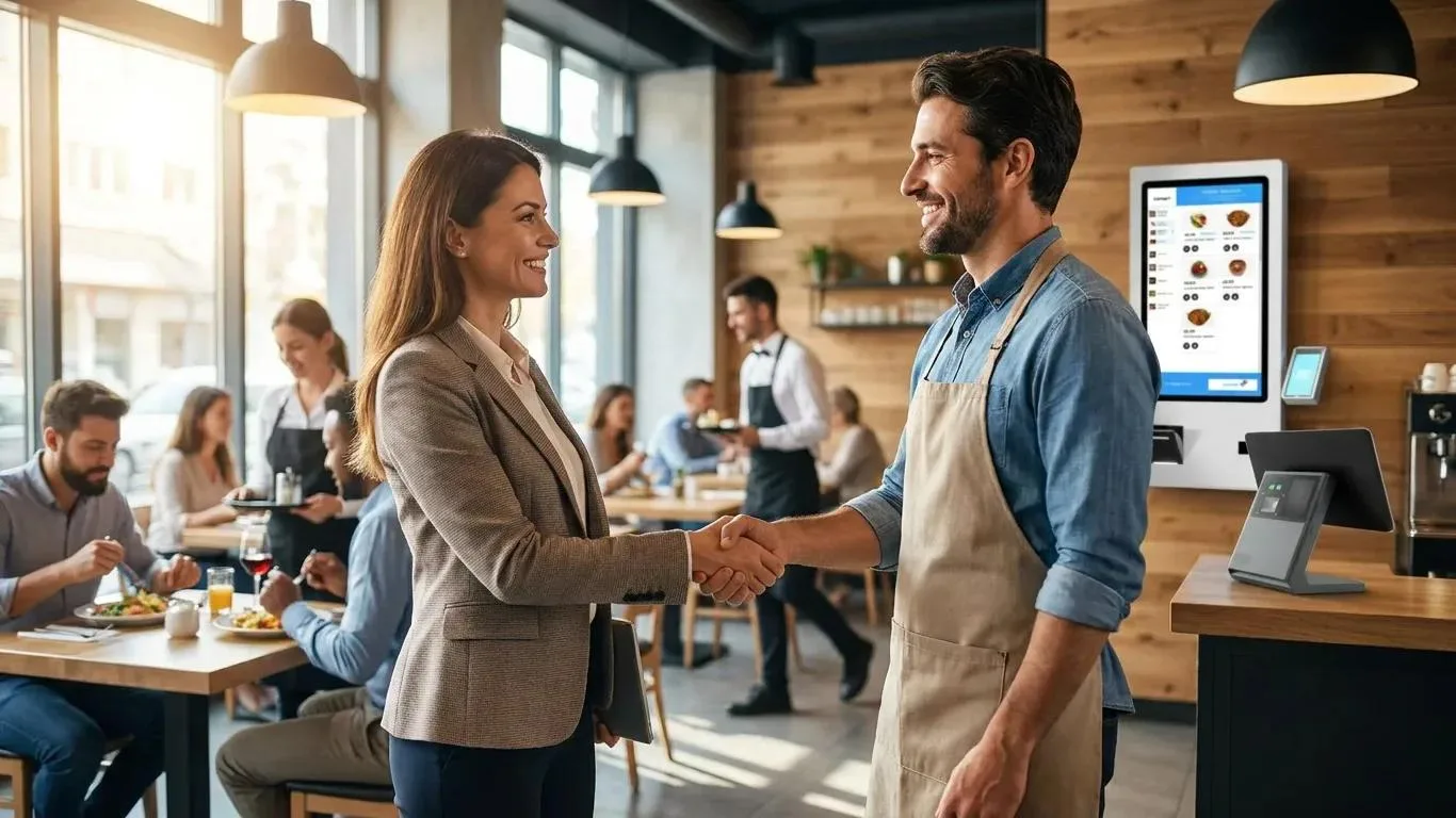 A Hospitality Technology Reseller shaking hand with a restaurant owner