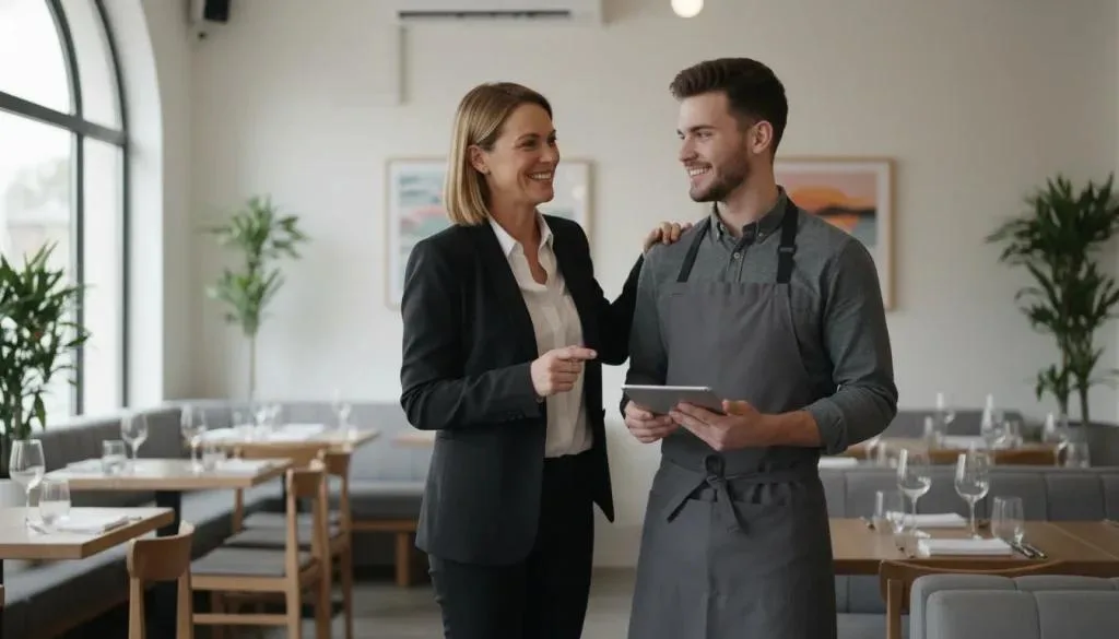 Un gerente de piso de restaurante de pie junto a un miembro del personal que está sirviendo una mesa, guiándolo suavemente mientras mira una tableta que muestra el estado de la mesa en vivo y el progreso del pedido. Comedor ocupado y cálido en el fondo, momento natural y espontáneo, bokeh suave, estilo fotografía documental.