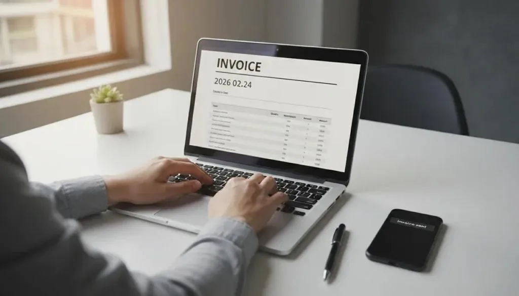 Hands typing on laptop creating instant invoice - modern invoicing for UK businesses automation