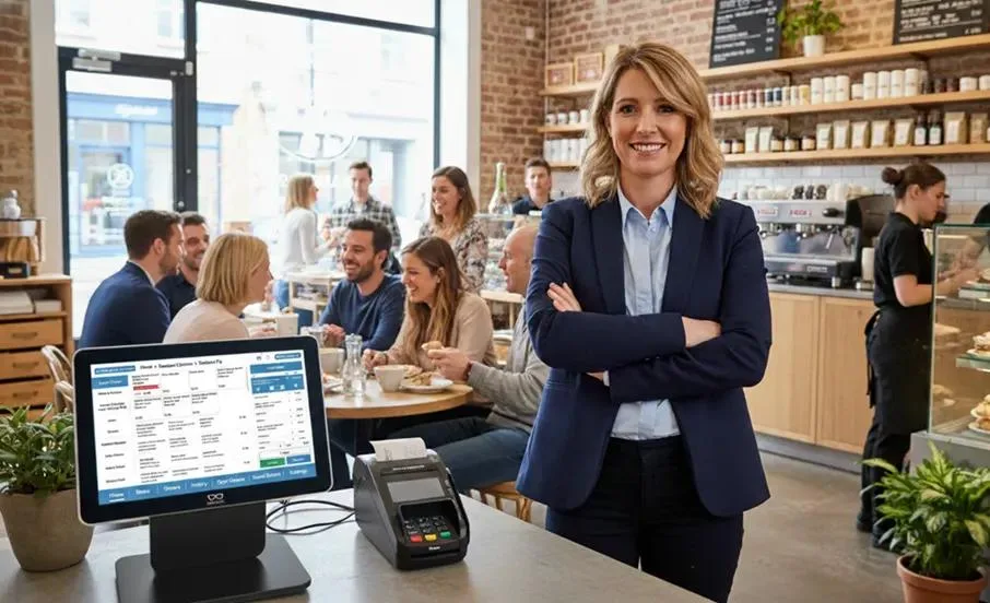 A smiling woman in a professional navy suit stands confidently with her arms crossed in a bustling, sunlit cafe. In the foreground, a modern EPOS and card terminal are positioned on the counter, while happy customers dine at tables in the background.