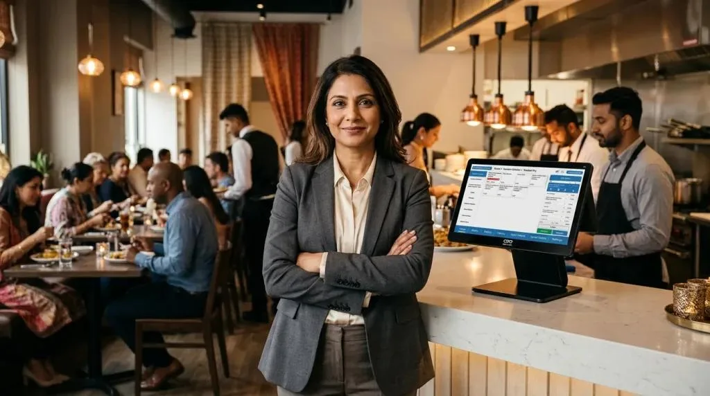 A confident restaurant owner standing arms-crossed using Kayana EPOS