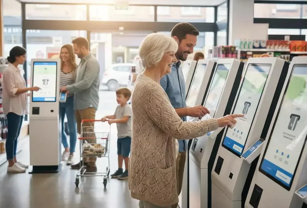 Diverse British customers of different ages using self-service kiosks in UK retail environment