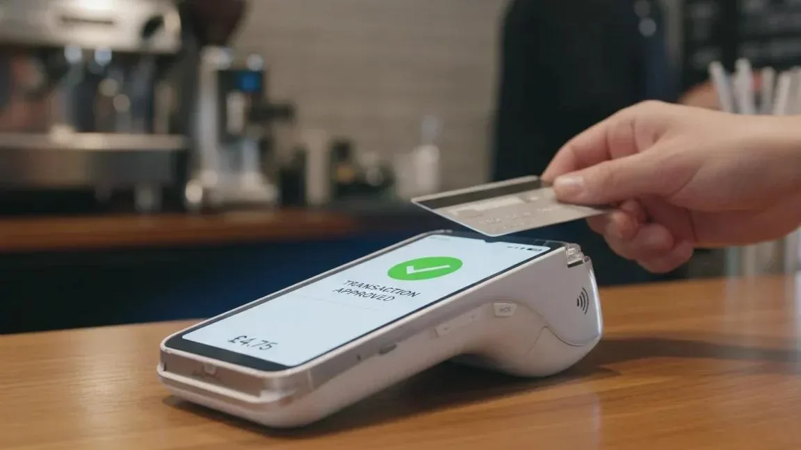Kayana's Contactless card payment terminal processing instant payouts transaction in UK coffee shop