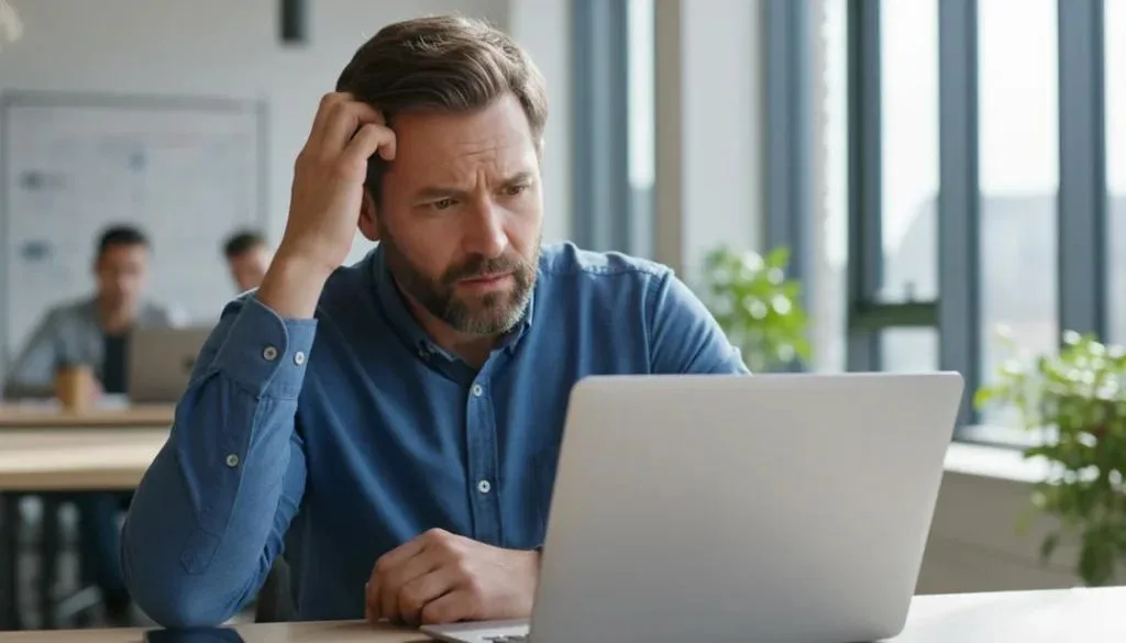 A manager sits at an office desk, looking perplexed and scratching his head while staring at his laptop screen. This image depicts the "data-blind" challenge caused by certain EPOS limitations, where poor reporting and analytics prevent leadership from gaining clear business insights.