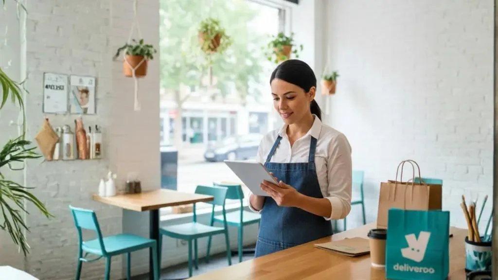 Restaurant owner checking her tab which has Kayana Partner Admin dashboard, activating the deliveroo integration