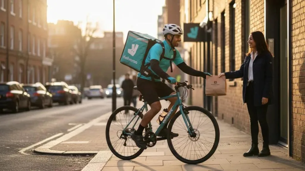 Deliveroo delivery boy delivering food to a customer