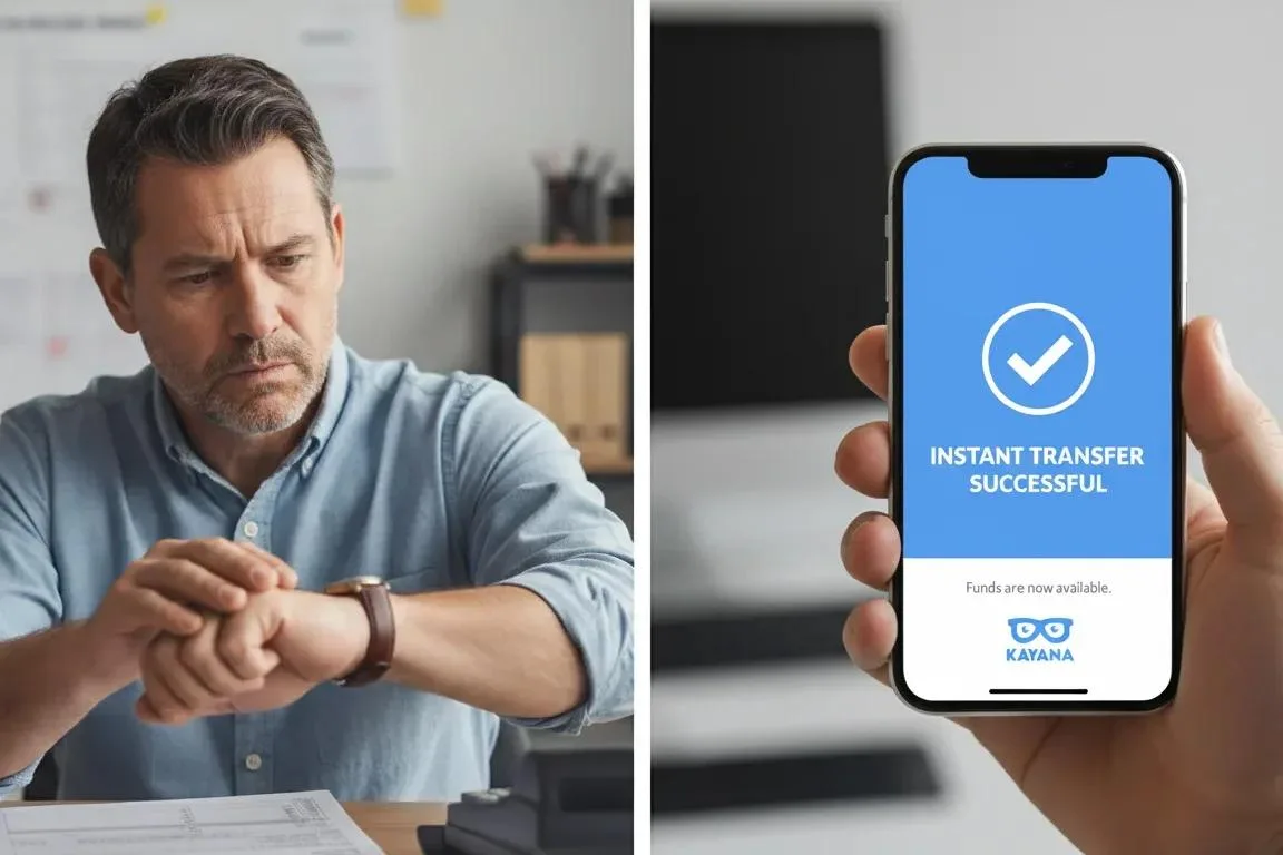 Comparison of traditional payment delays versus instant payouts showing time difference for UK businesses