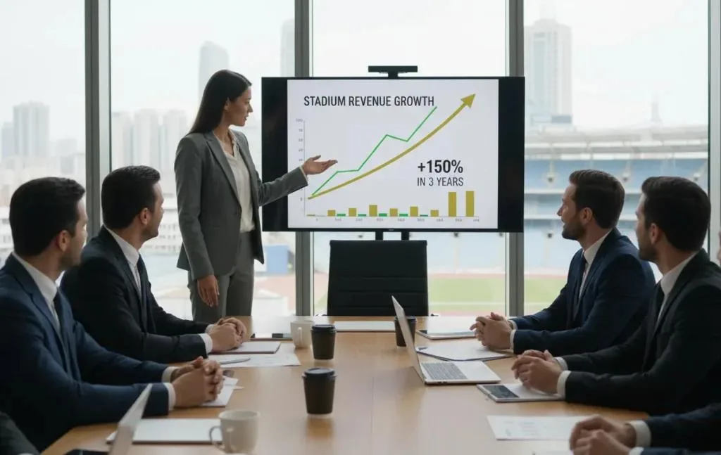 Stadium leadership team reviewing revenue growth charts in a meeting room overlooking a football stadium, discussing long-term strategy
