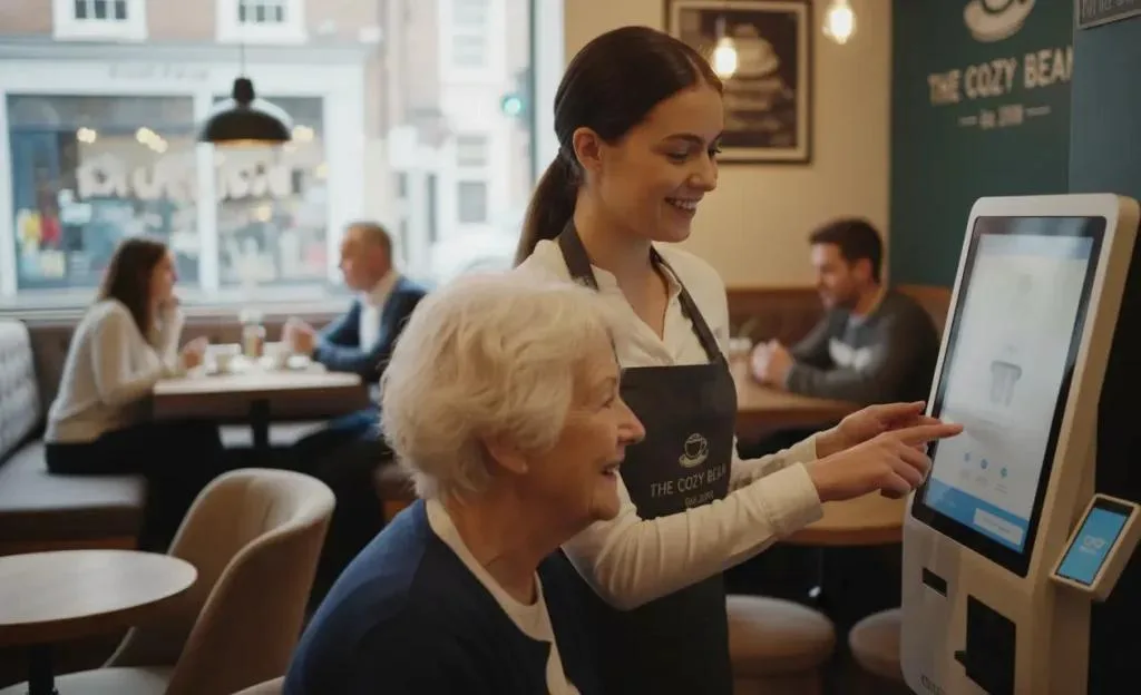 UK café staff member assisting an elderly customer with a self-service kiosk amid UK Labour Shortages