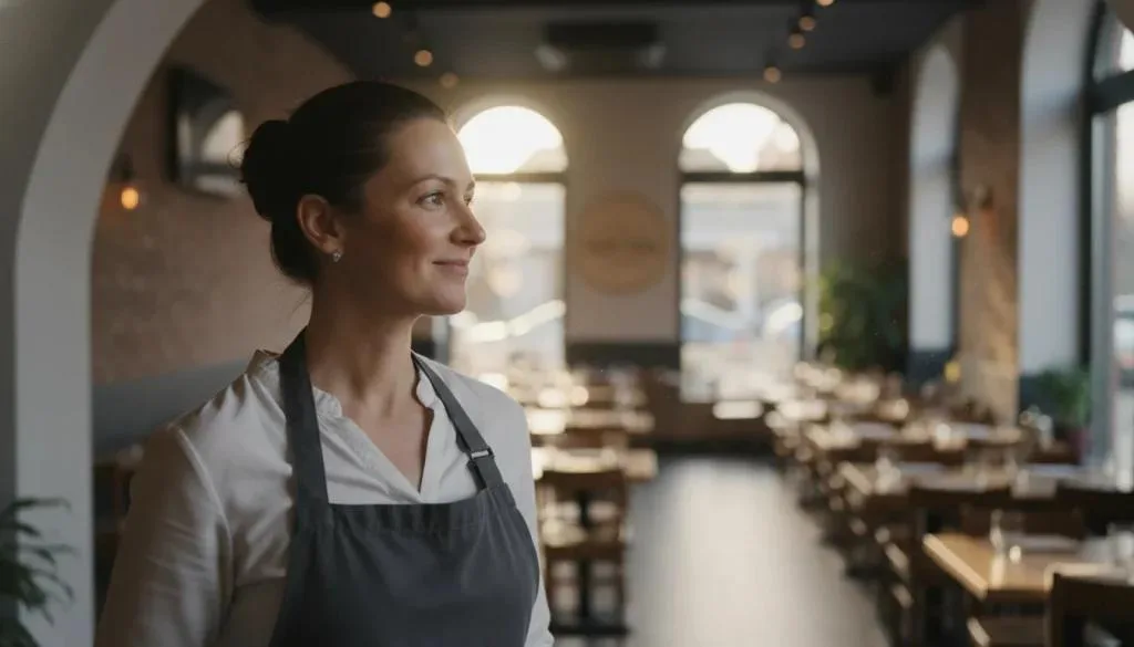 La IA está transformando la hospitalidad mientras un propietario de restaurante se encuentra en la entrada de un comedor vacío después del servicio, tranquilo y satisfecho bajo la luz cálida del atardecer.