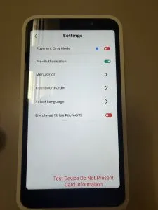 The main "Settings" screen with toggles for "Payment Only Mode," "Pre-Authorisation," and other options.