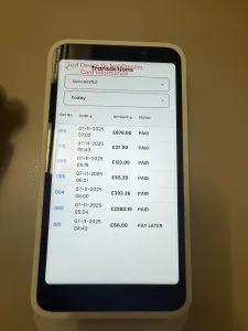 The "Transactions" list, showing a filterable history of all payments with their reference number, date, amount, and status.