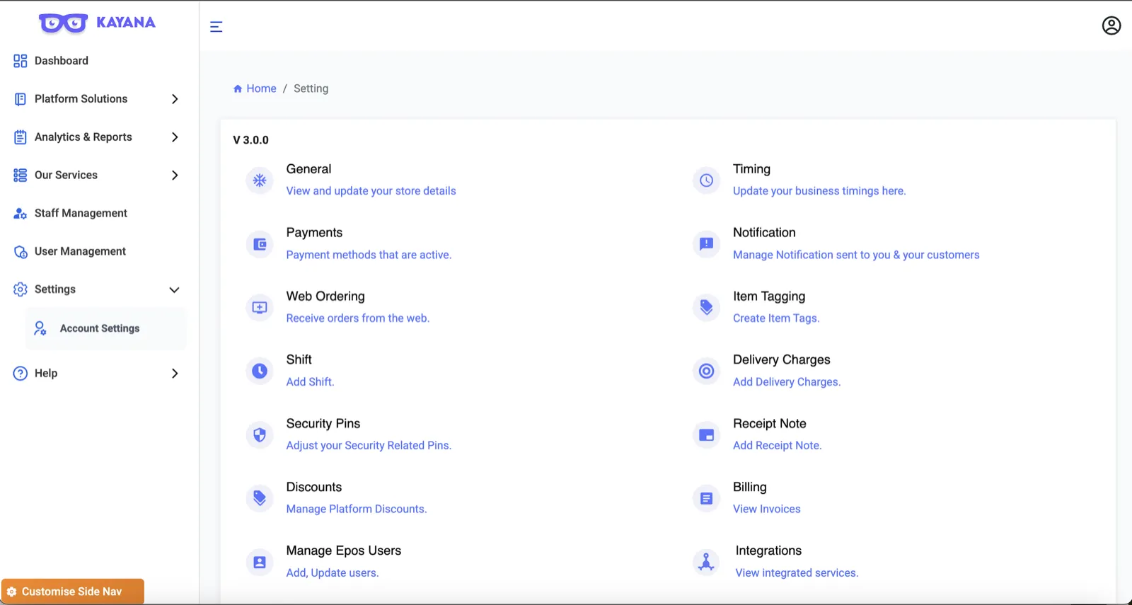 Settings page in Kayana Partner Admin displaying a grid of configuration and account options